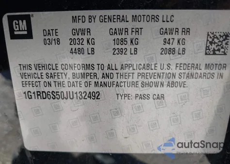2018 Chevrolet Volt Premier from USA, damaged, VIN 1G1RD6S50JU132492